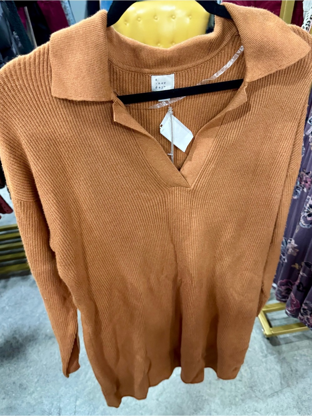 a new day Rust Collared V-Neck Ribbed Sweater Dress